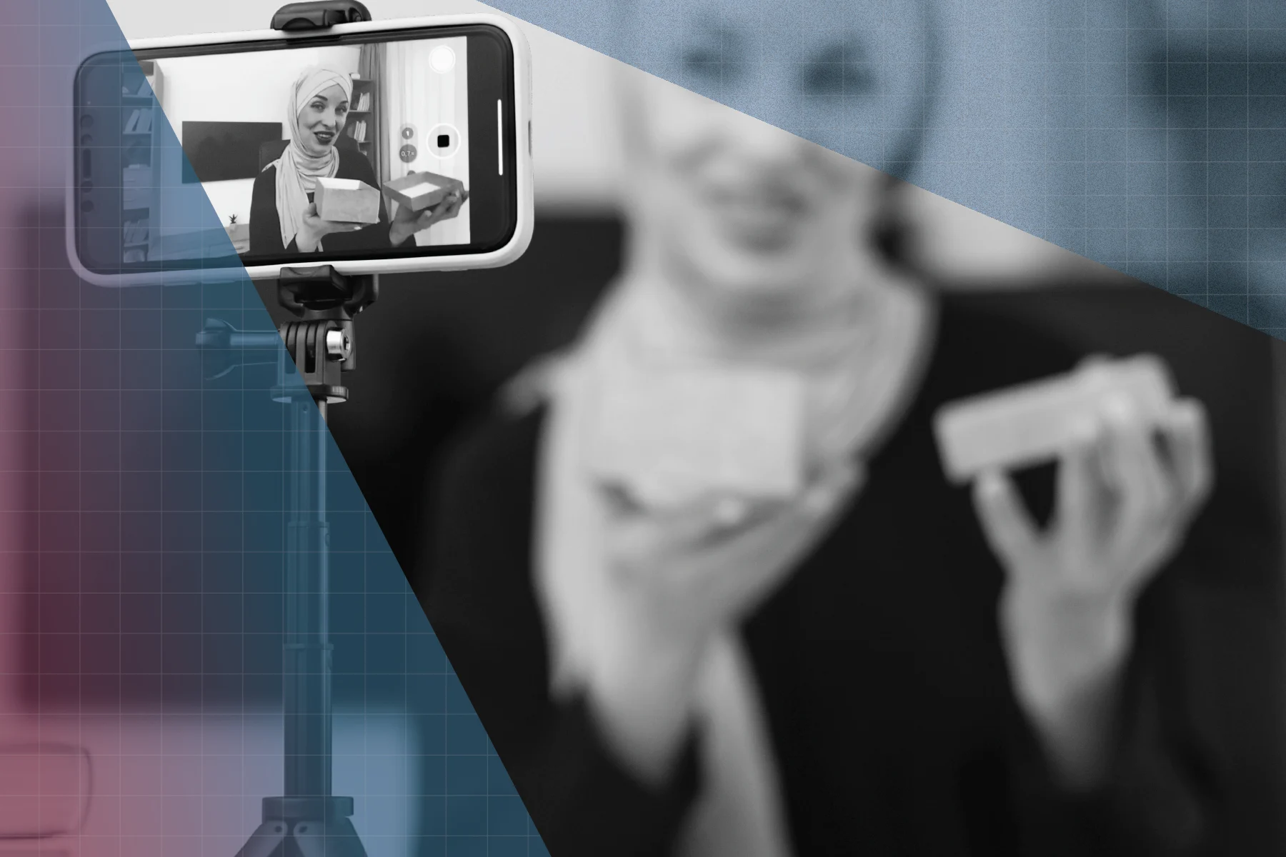 Smartphone on a tripod records a person wearing a headscarf holding an open box. The person appears blurred in the background, while their image is in focus on the phone screen. Blue and purple geometric overlays cover parts of the image.