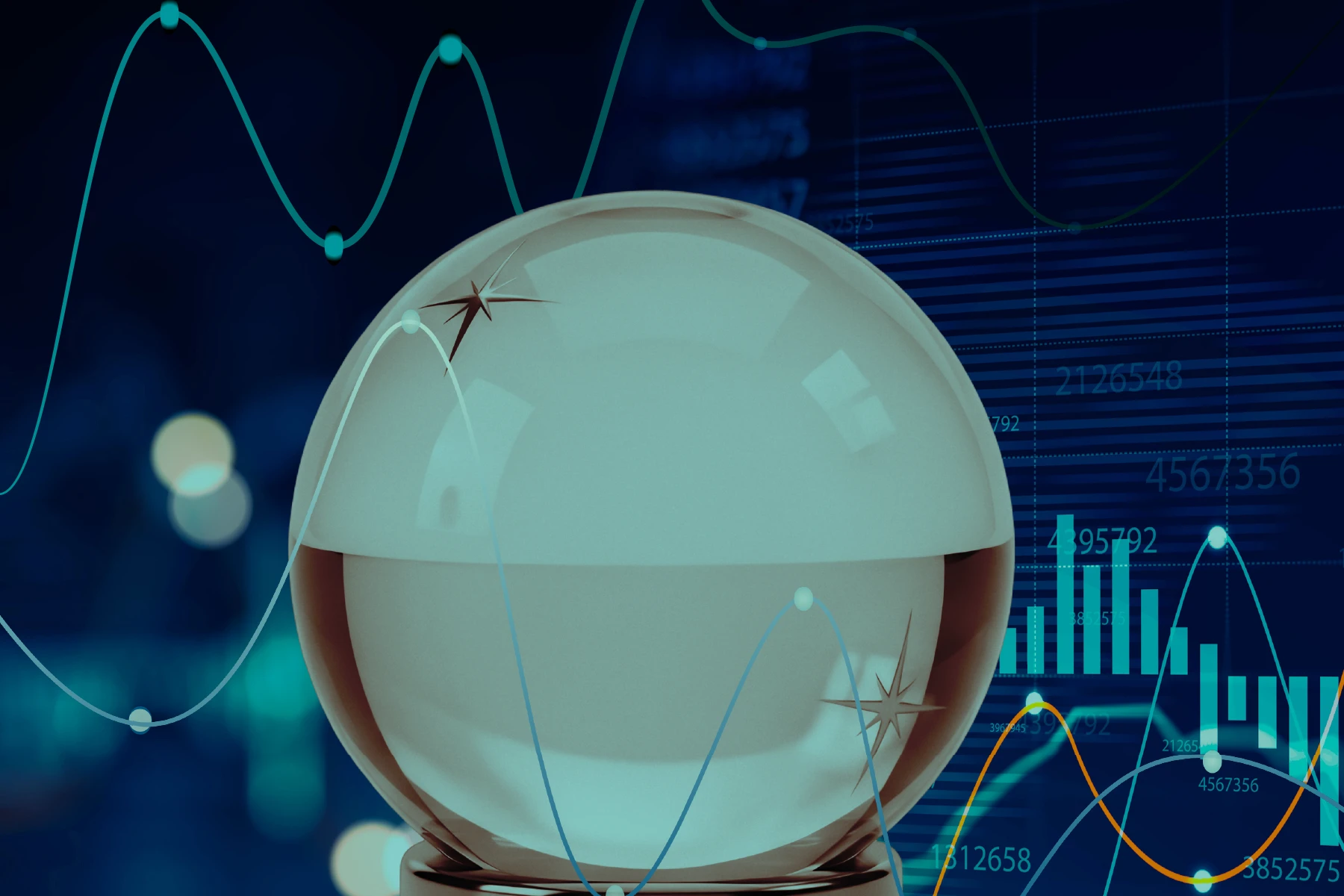 A glass crystal ball sits on a metallic base in the center of the image. Behind it, a dark blue grid background displays overlapping line graphs, bar charts, and numerical data in teal, blue, and orange.
