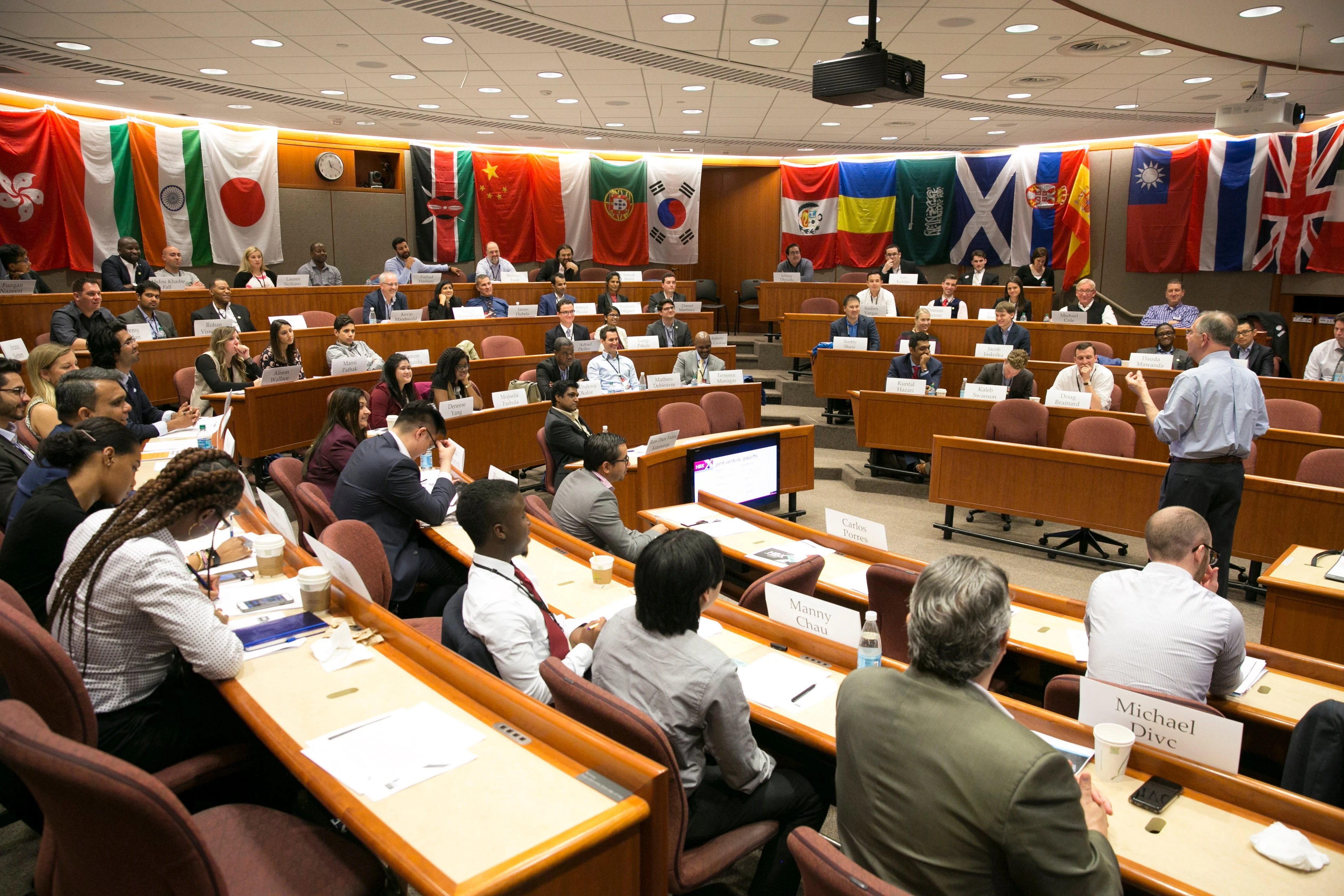 Professor Mike Wheeler leads a case discussion in a Harvard Business School classroom during HBX ConneXt