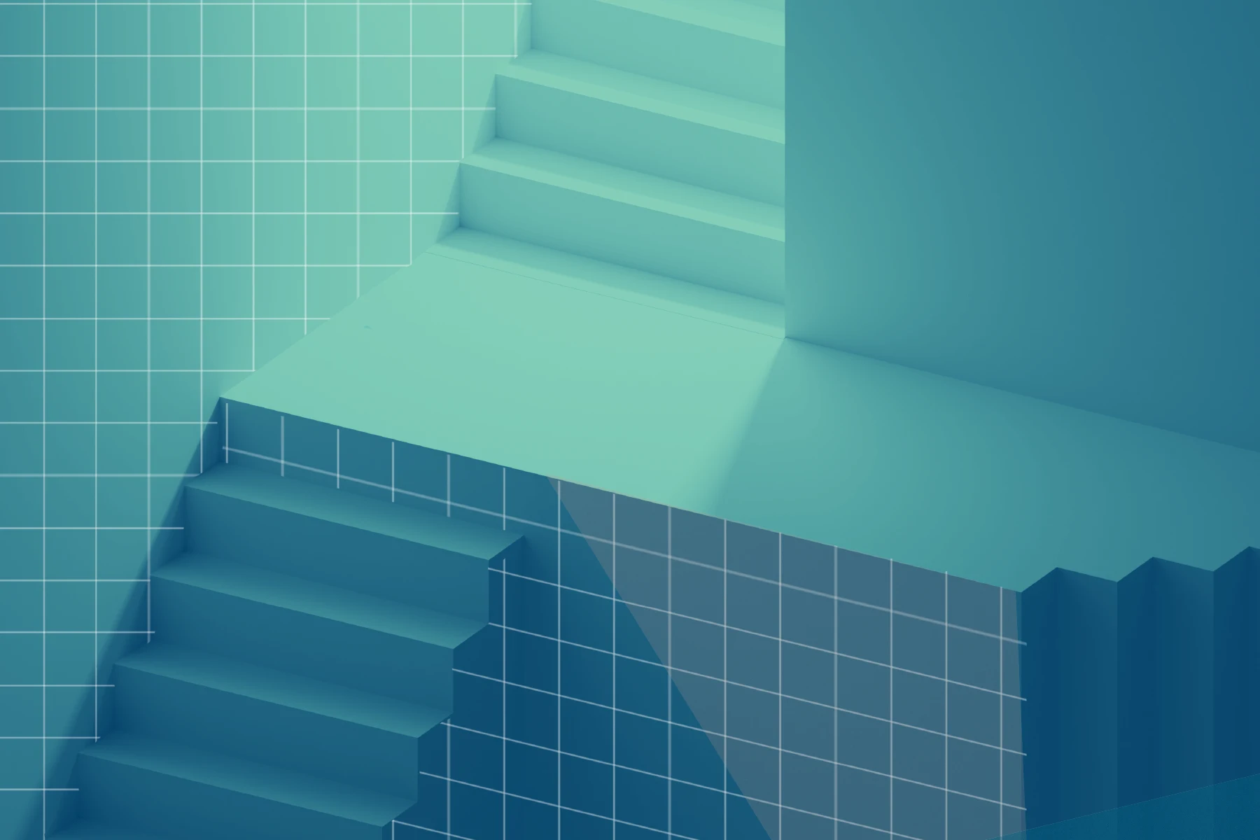 Teal illustration of geometric stairs and platforms overlaid with grid lines.