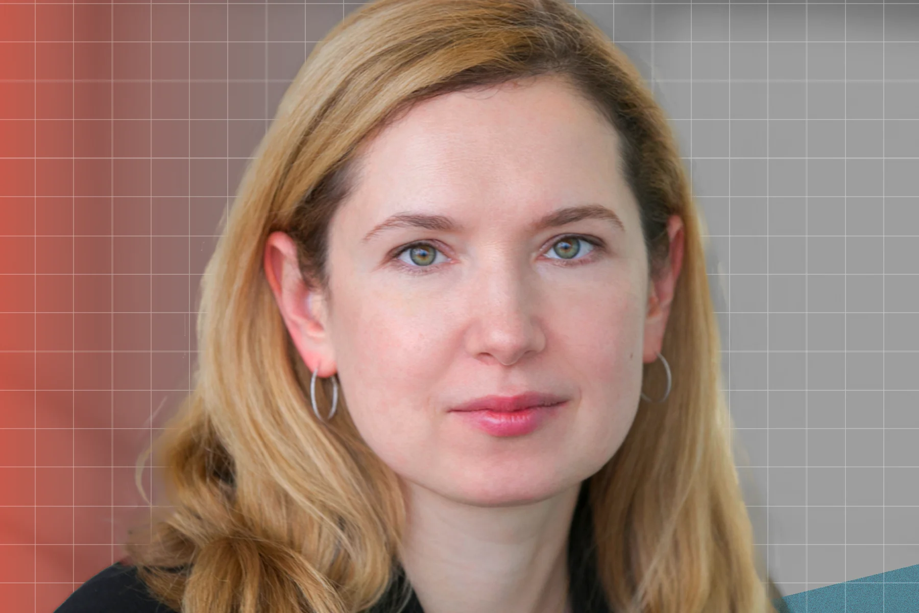 Portrait of a woman with shoulder-length blonde hair wearing a black blazer, white top, and small hoop earrings. She faces the camera with a neutral expression against a blurred background with a faint grid overlay and red and blue graphic accents.