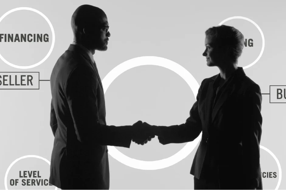Two individuals in business attire shake hands, with labeled terms like "Seller," "Buyer," and "Financing" in the background.