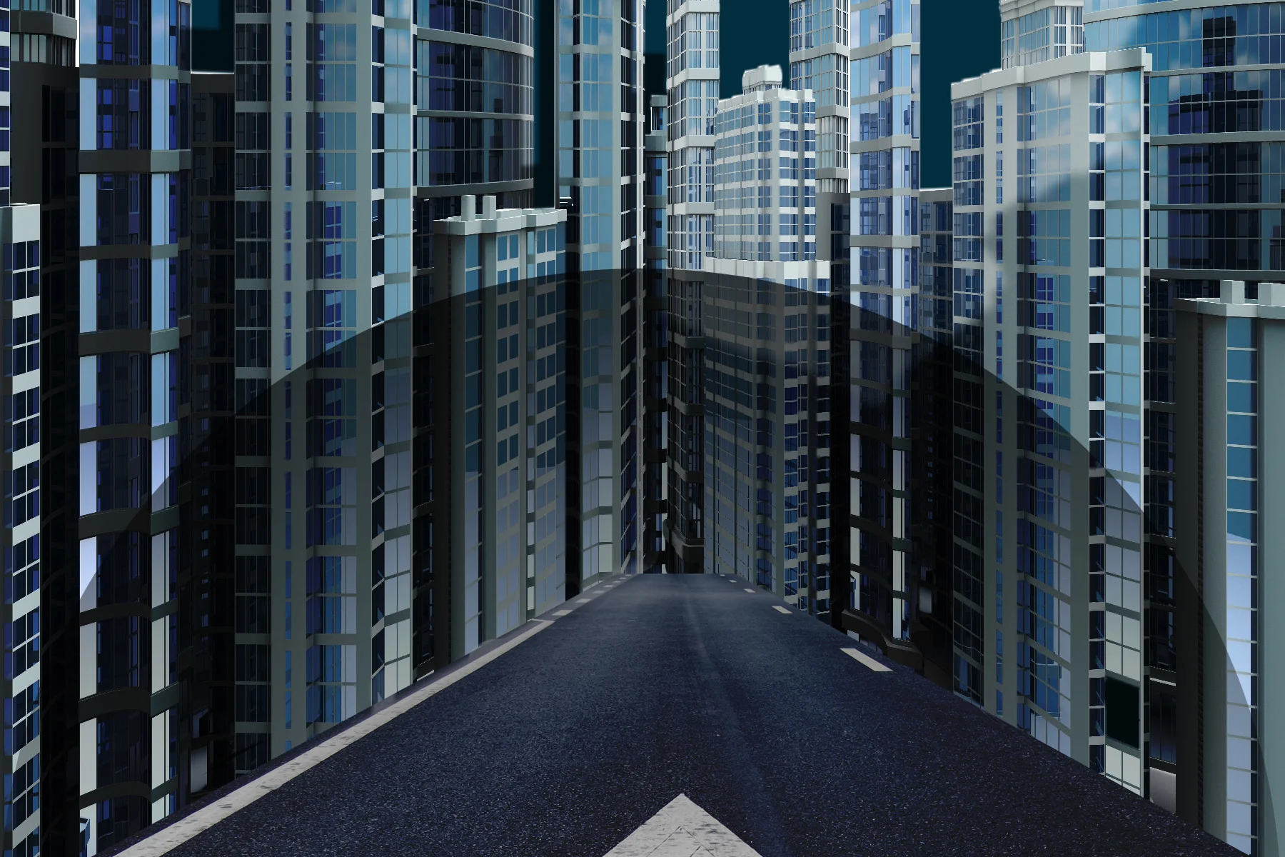 Arrow on road surrounded by office buildlings.