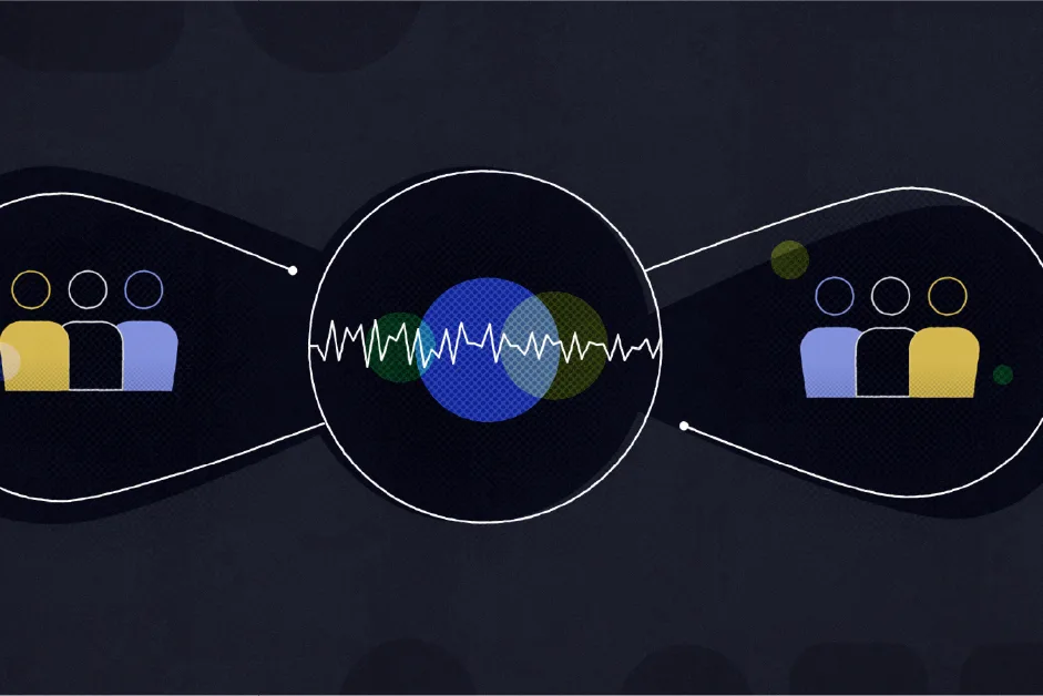 Abstract graphic showing two groups of people connected by a central circle with soundwave lines, symbolizing communication or data exchange.