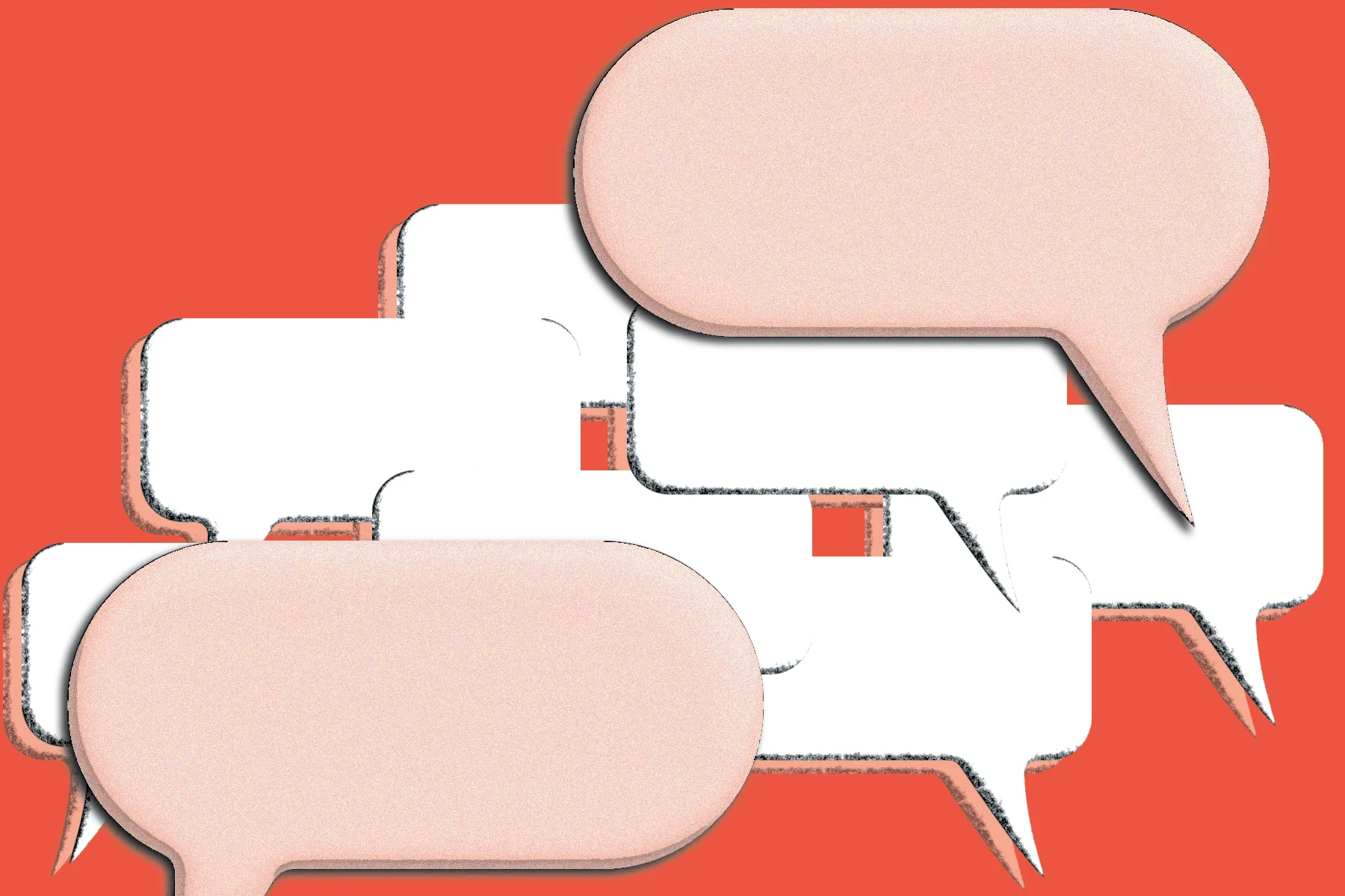 Several layered white speech bubbles, with two light pink speech bubbles on top of them, against a reddish-orange background.