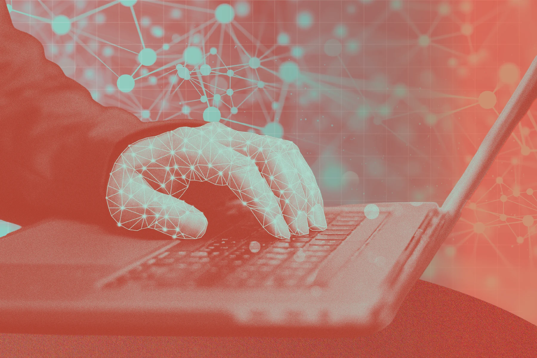 A close-up of a hand typing on a laptop keyboard. The hand is overlaid with a glowing geometric network pattern, with connected dots extending across the image. The background features a red gradient with a faint grid and additional network lines.