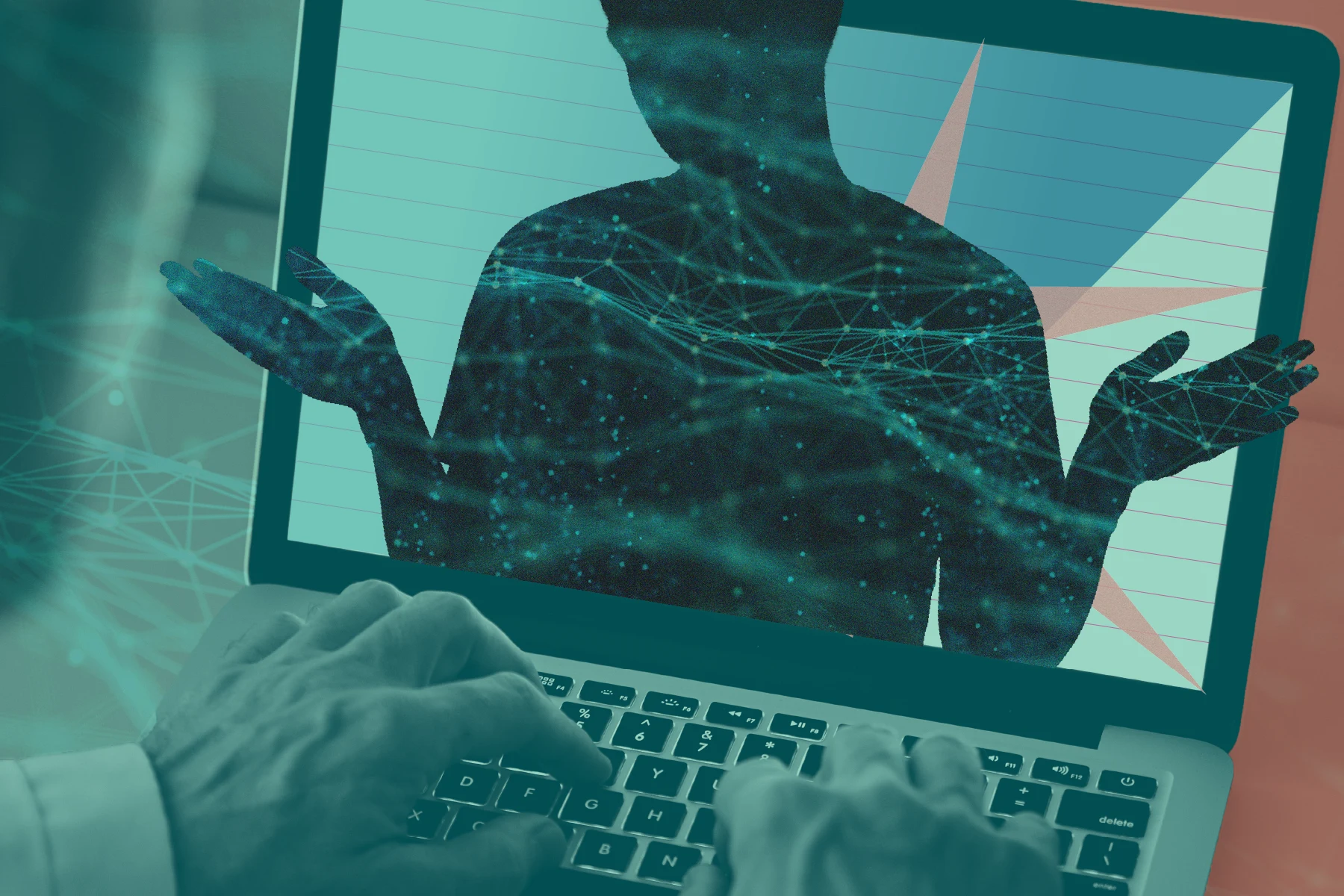 A person’s hands type on a laptop keyboard. On the screen, a silhouetted figure with overlaid with abstract network lines and dots, has their hands half raised in an "I don't know" gesture. The image uses teal and muted red tones.