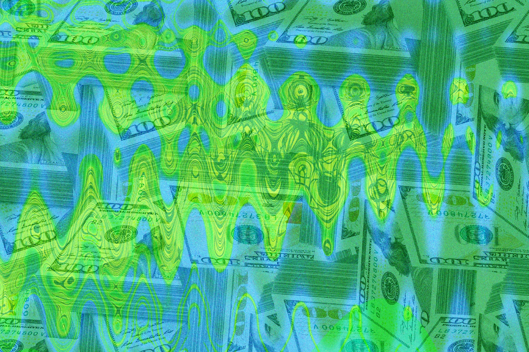 Alt text: Abstract collage of overlapping $100 bills in vivid neon green and blue, distorted with wavy lines and circular patterns.