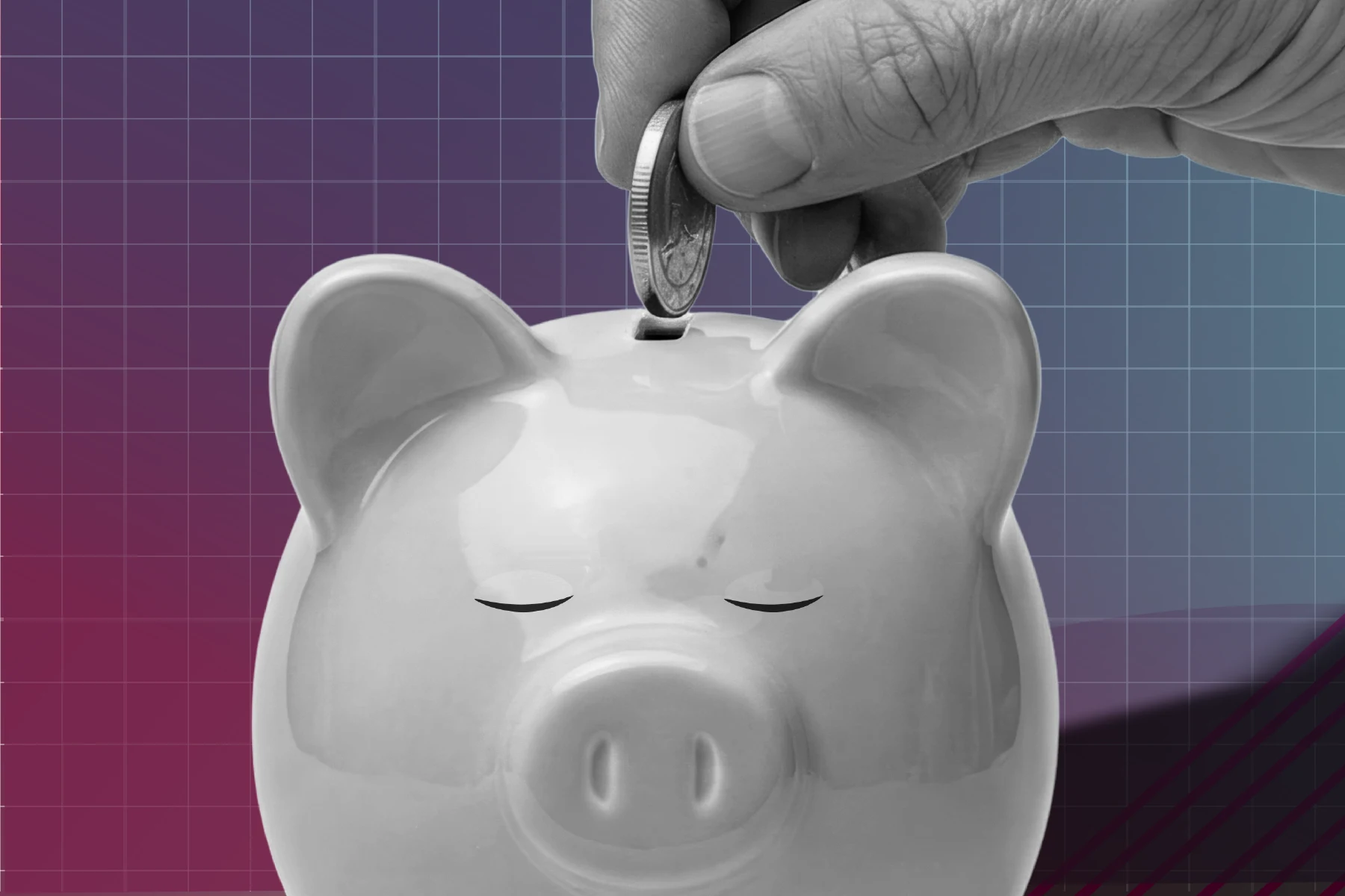 A black and white close-up of a hand placing a coin into a piggy bank with closed eyes. The background features a purple-to-blue gradient grid with geometric shapes and diagonal lines.