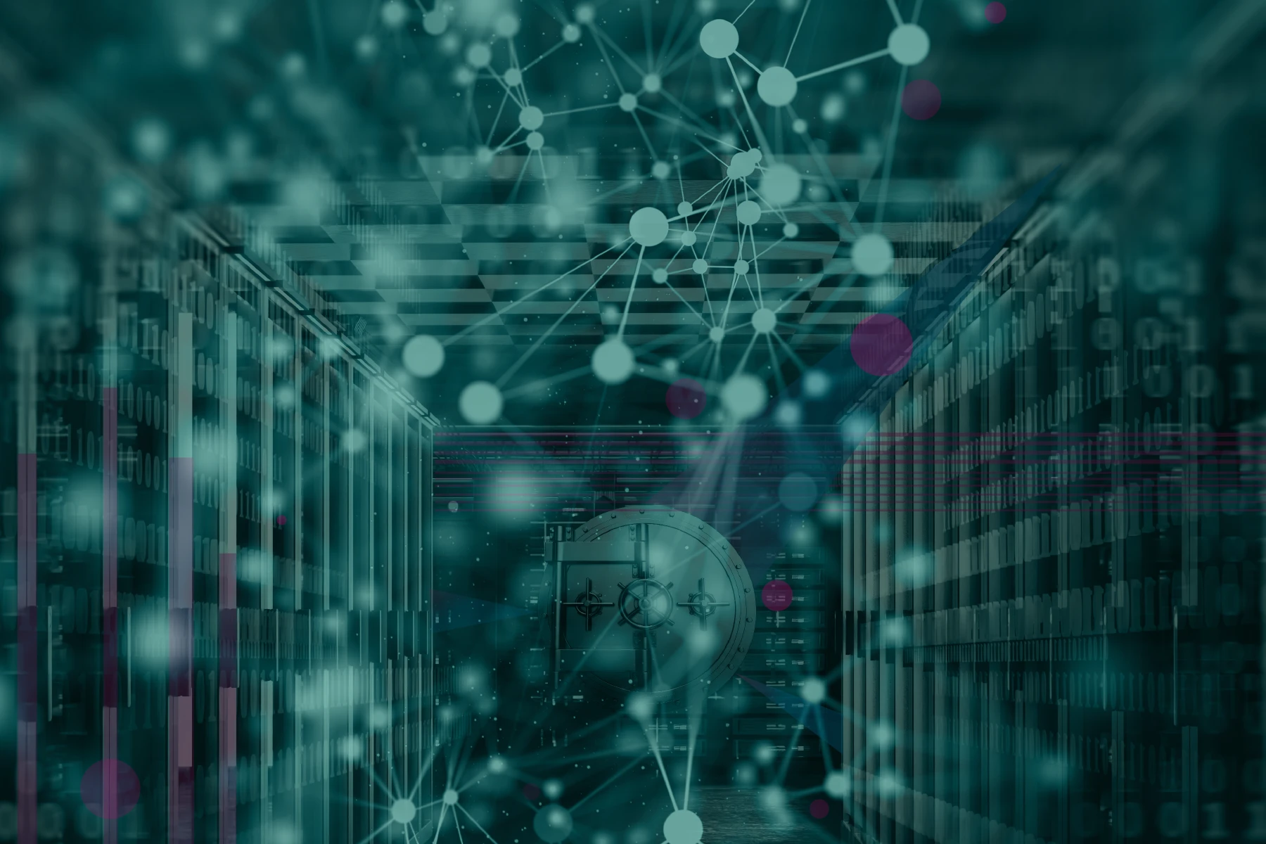 A hallway lined with server racks on both sides, leading to a large circular vault door at the end. A digital overlay of glowing dots and connecting lines forms a network pattern across the teal-toned image.