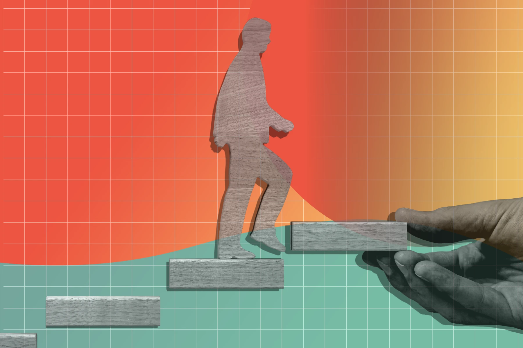 A cutout figure of a person climbing wooden steps, with a hand holding the final step in place, set against a grid background of teal, orange, and red.