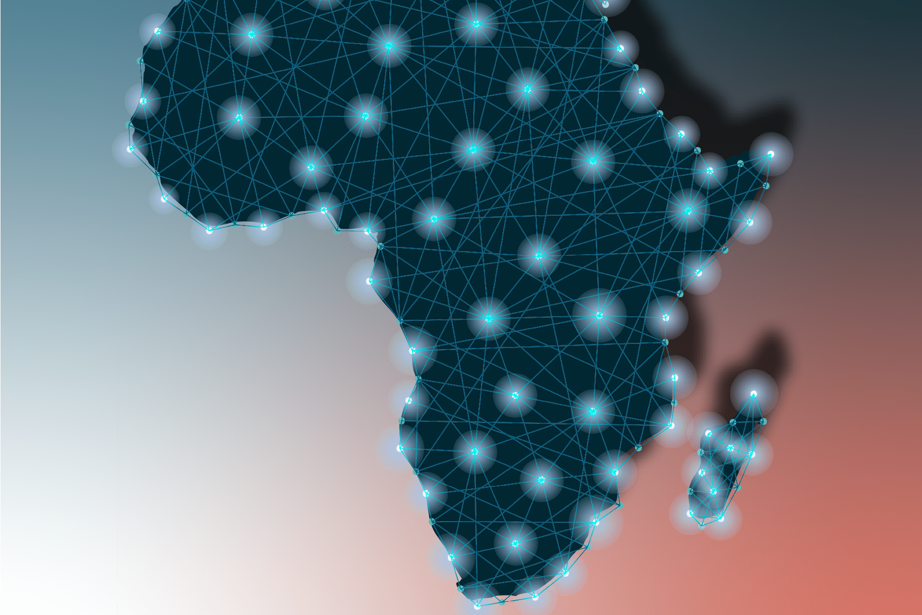 A dark teal map of Africa on a soft blue and red gradient background. Bright glowing dots are spread across the map and connected by thin lines, forming a dense web. Madagascar appears to the lower right with the same pattern.