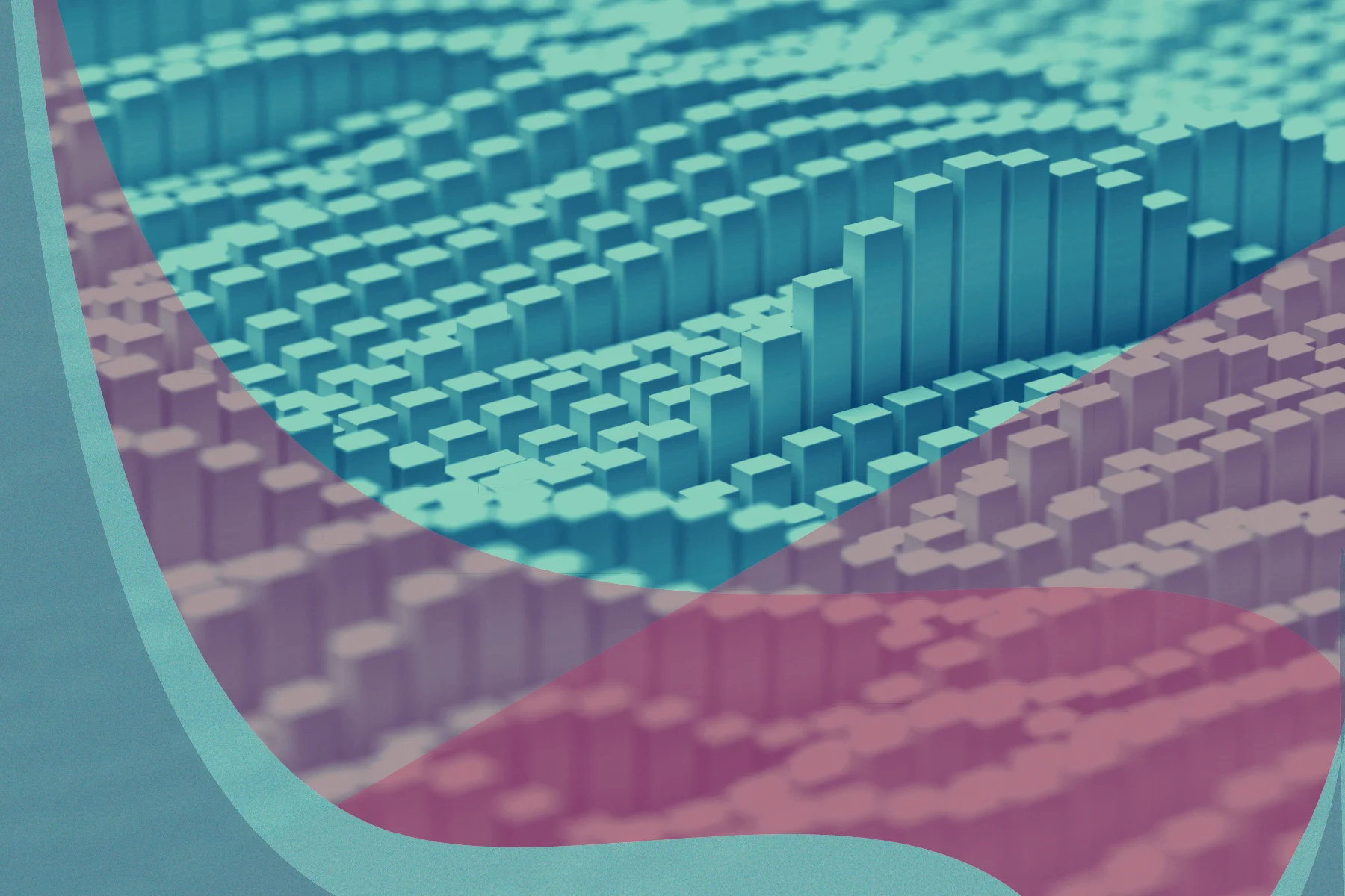 Abstract image with teal rectangular columns of varying heights arranged in a dense grid. Translucent blue and pink curved overlays frame the foreground.
