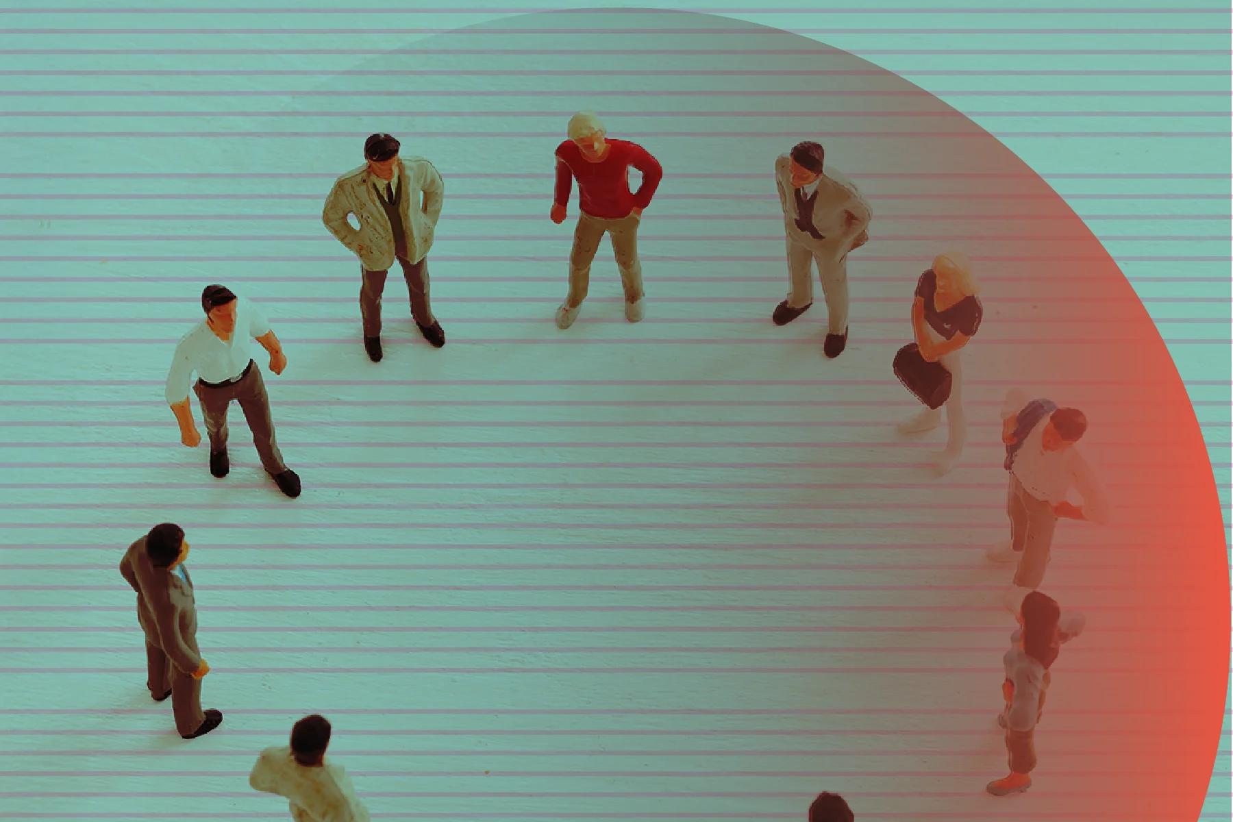 Small human figurines spaced in a loose circle on a pale background with horizontal lines. A large translucent red arc covers the right side of the image, partially overlapping several figures.