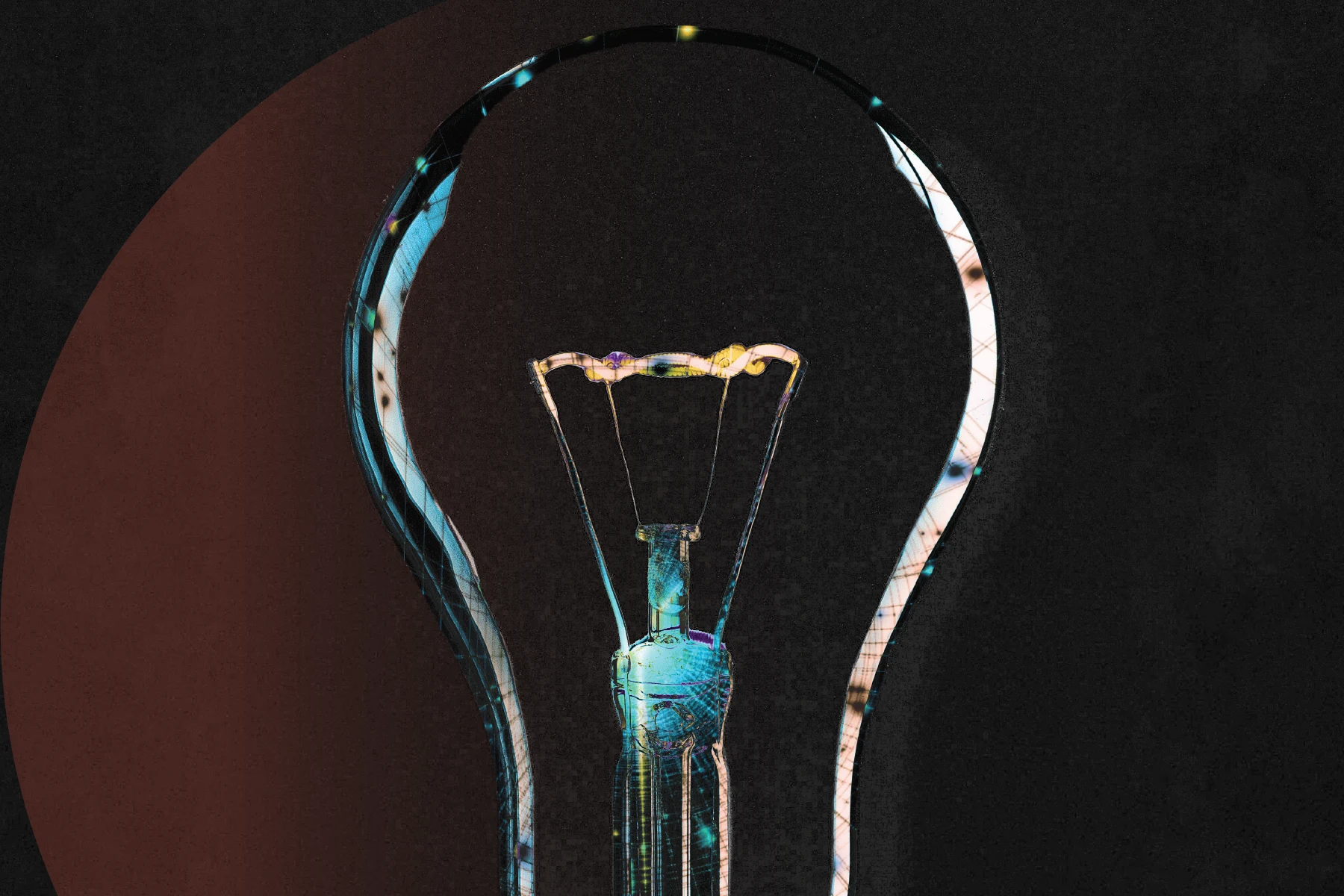 Close-up of a clear light bulb against a black background, overlaid with glowing blue and yellow digital grid patterns. A large faded red circle appears behind the bulb.