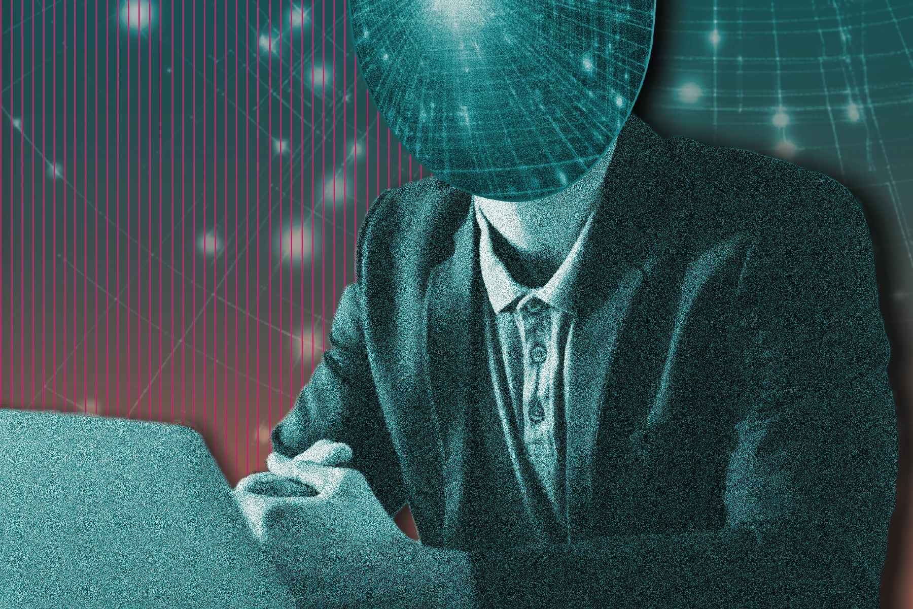 Person in a suit using a laptop, with a head replaced by a glowing, grid-like sphere. Background includes glowing dots amd abstract lines in teal and pink tones.