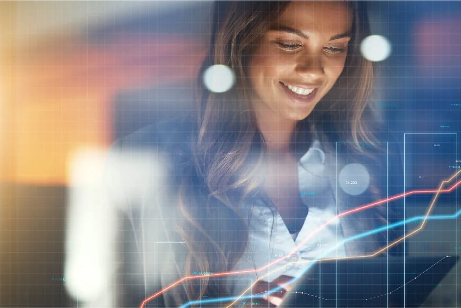 Smiling person looks at a tablet with overlaid graphics of rising data charts and glowing interface elements.