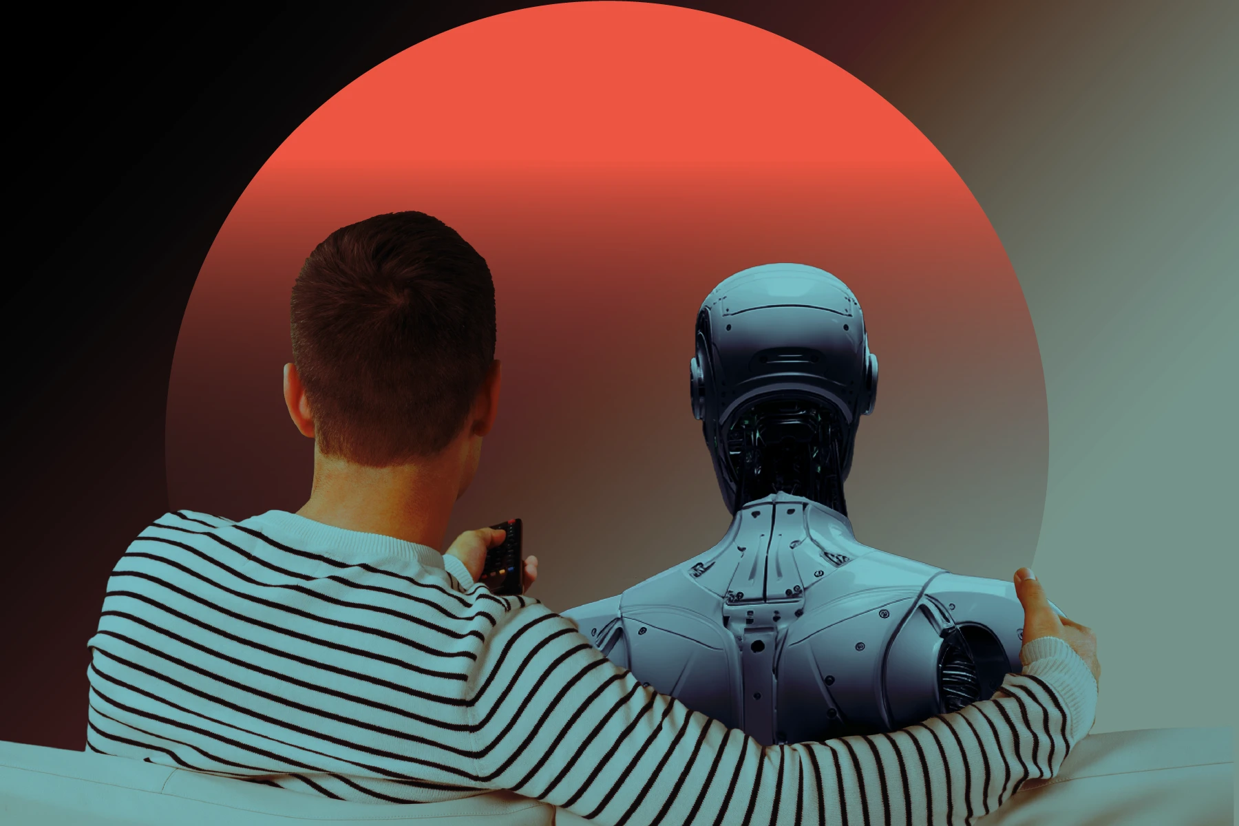 A man and robot seated on a white couch, viewed from behind. The man wears a striped shirt and holds a remote, with his arm around the robot.