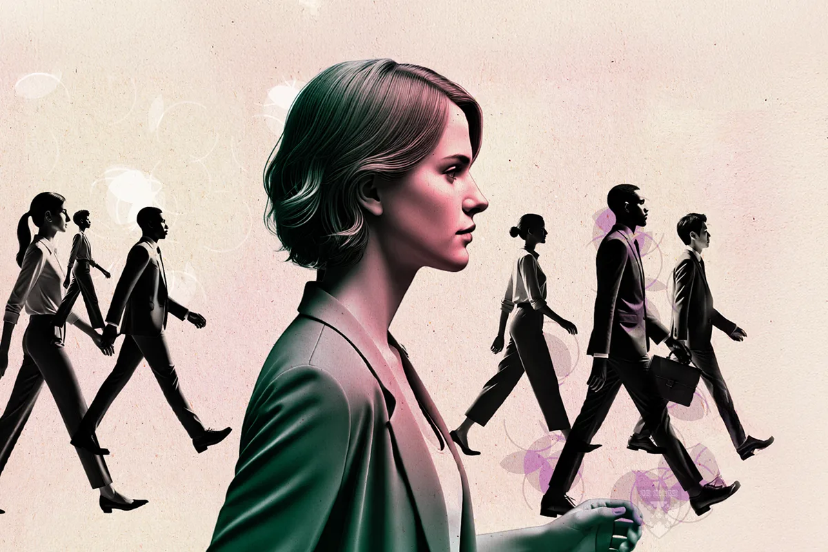 Stylized illustration of a person walking confidently in one direction while others walk in the background, symbolizing individuality.