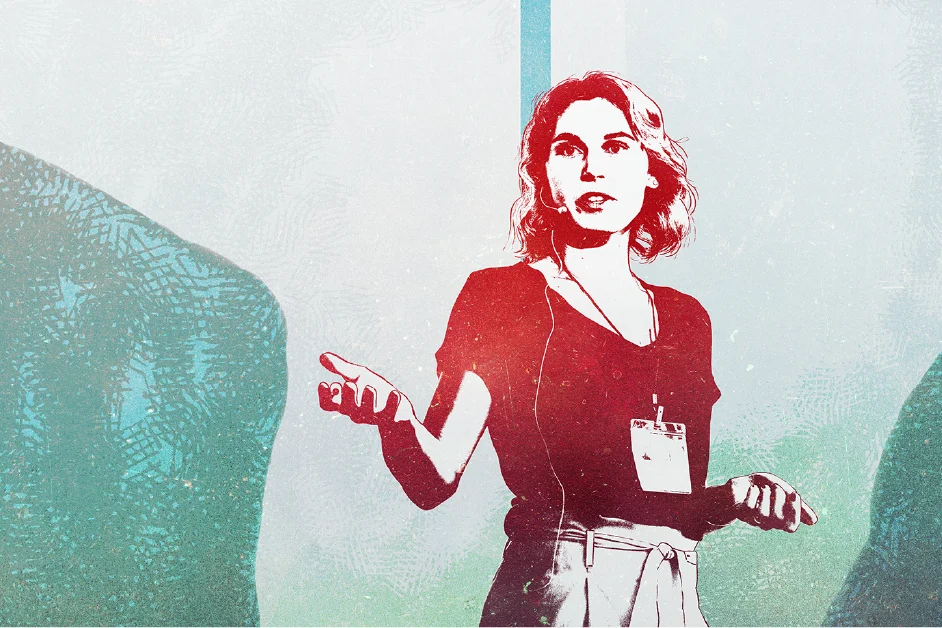 Stylized illustration of a person speaking in front of an audience, wearing a lanyard and gesturing with one hand.