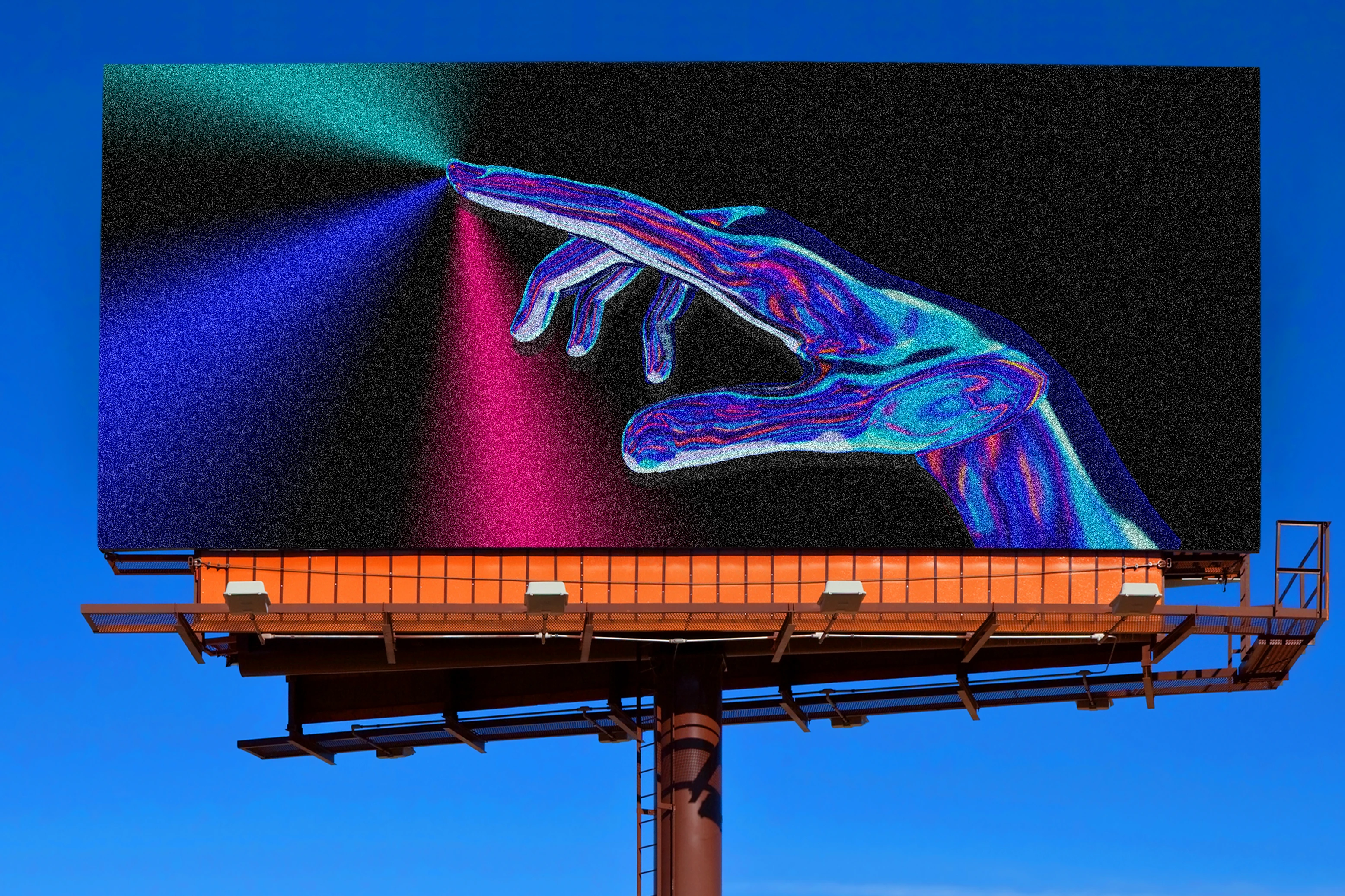 Billboard of robotic-looking hand against multicolored background.