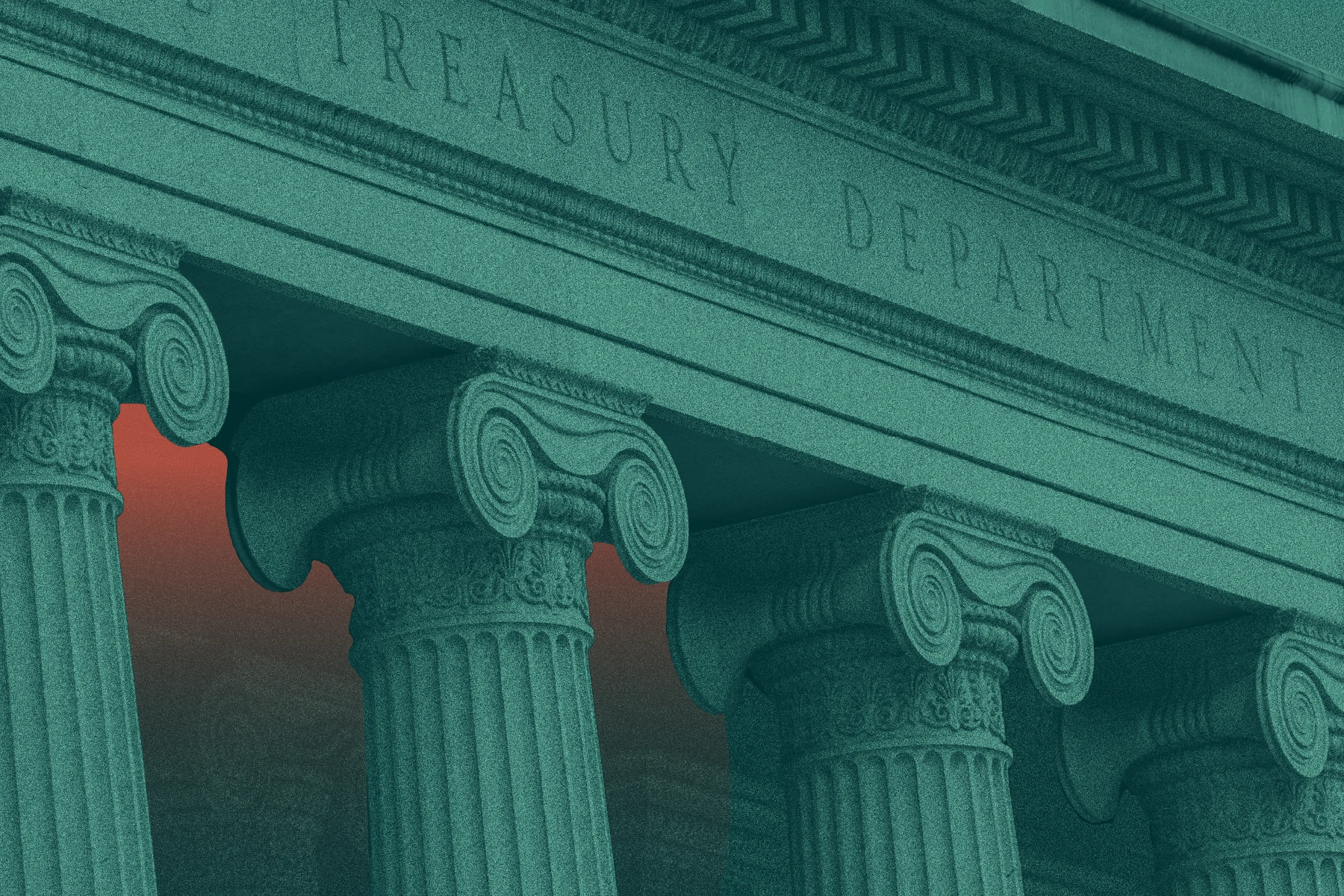 A close-up of the U.S. Treasury Department building with large classical columns and engraved stone. The image is tinted teal with a reddish sky in the background.