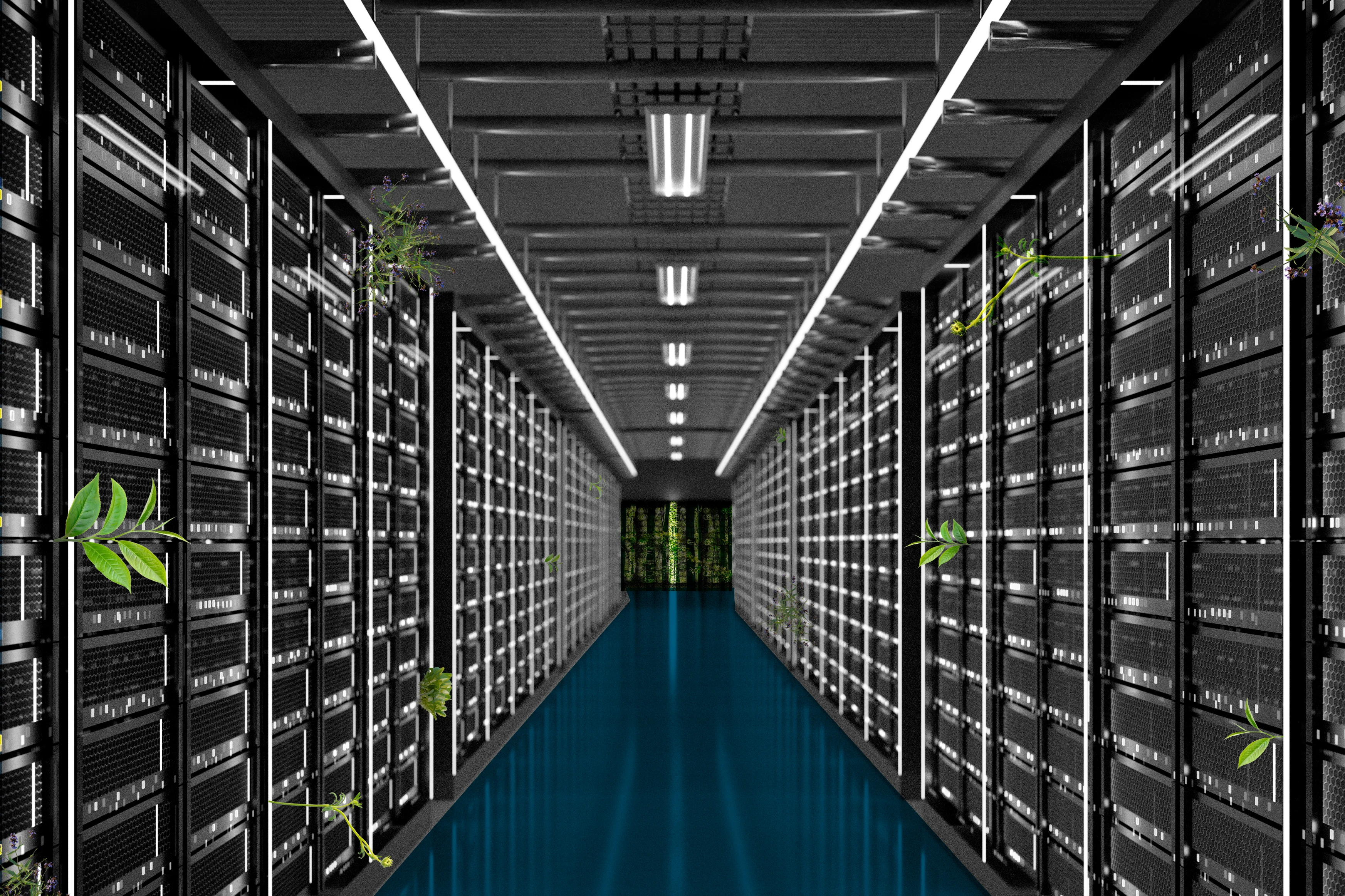 Long corridor of server racks with bright overhead lights and a blue floor. Small green leaves and plant stems appear to sprout from servers along the aisle.