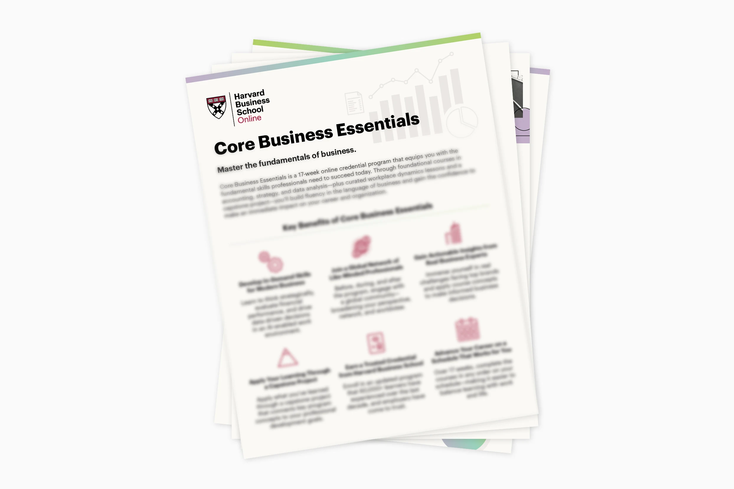An HBS Online brochure titled "Core Business Essentials"