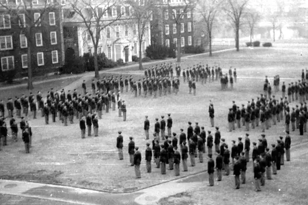 HBS students in uniform on Baker lawn during WWII, circa 1941.