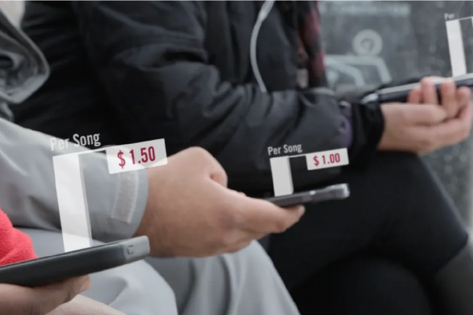 People holding phones with floating price tags showing different costs per song, including $1.00 and $1.50.
