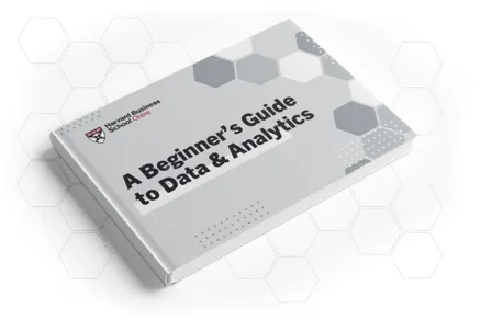 Closed book titled "A Beginner’s Guide to Data & Analytics" by Harvard Business School Online.