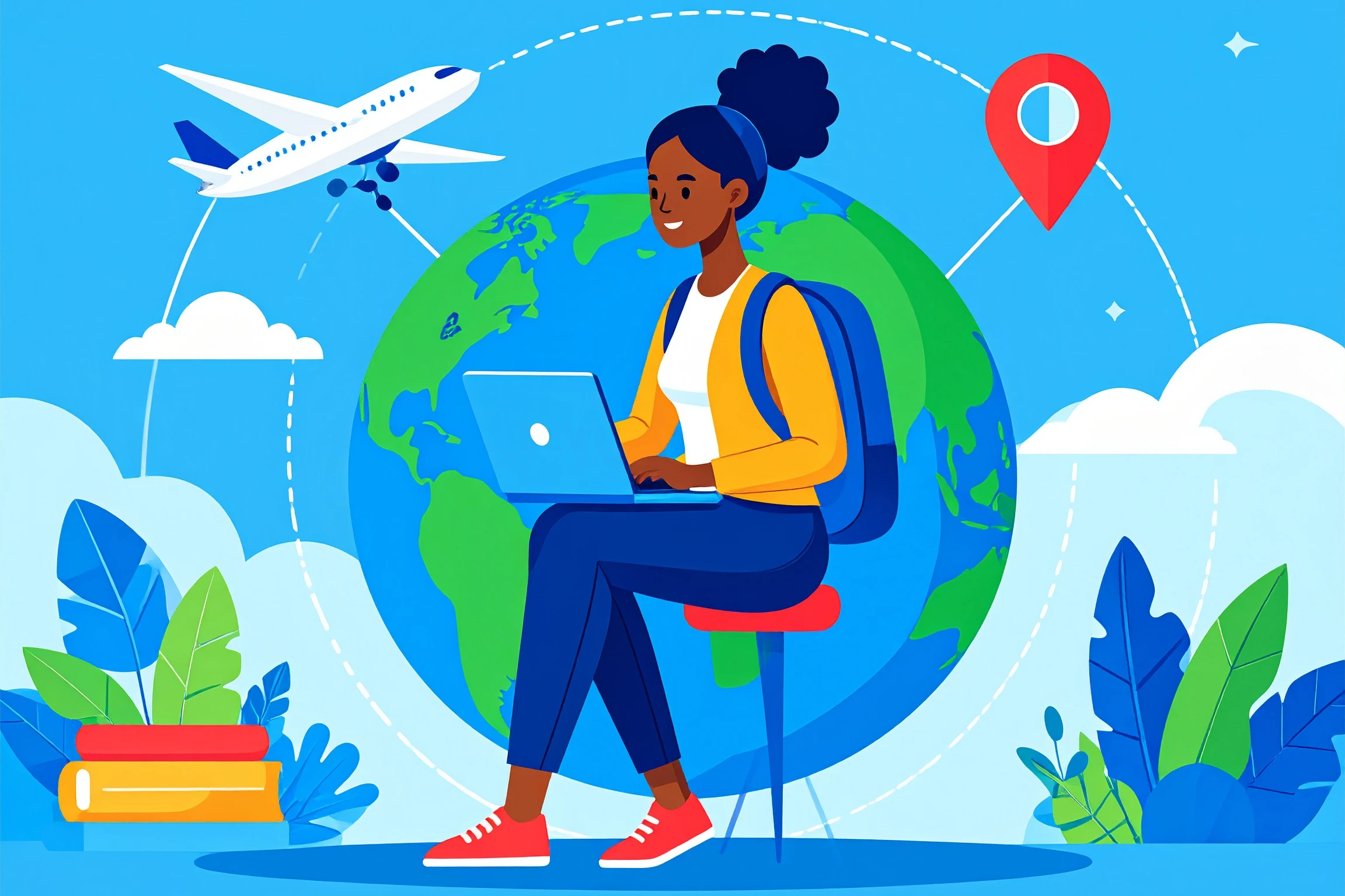 Illustration of a person with a backpack using a laptop in front of a globe, with a flying airplane and location pin symbol. Created with Adobe Firefly.