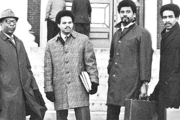 The founders of the African-American Student Union on the steps of Baker Library, 1968.