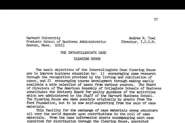 Portion of a page describing the Intercollegiate Case Clearing House, circa 1957.