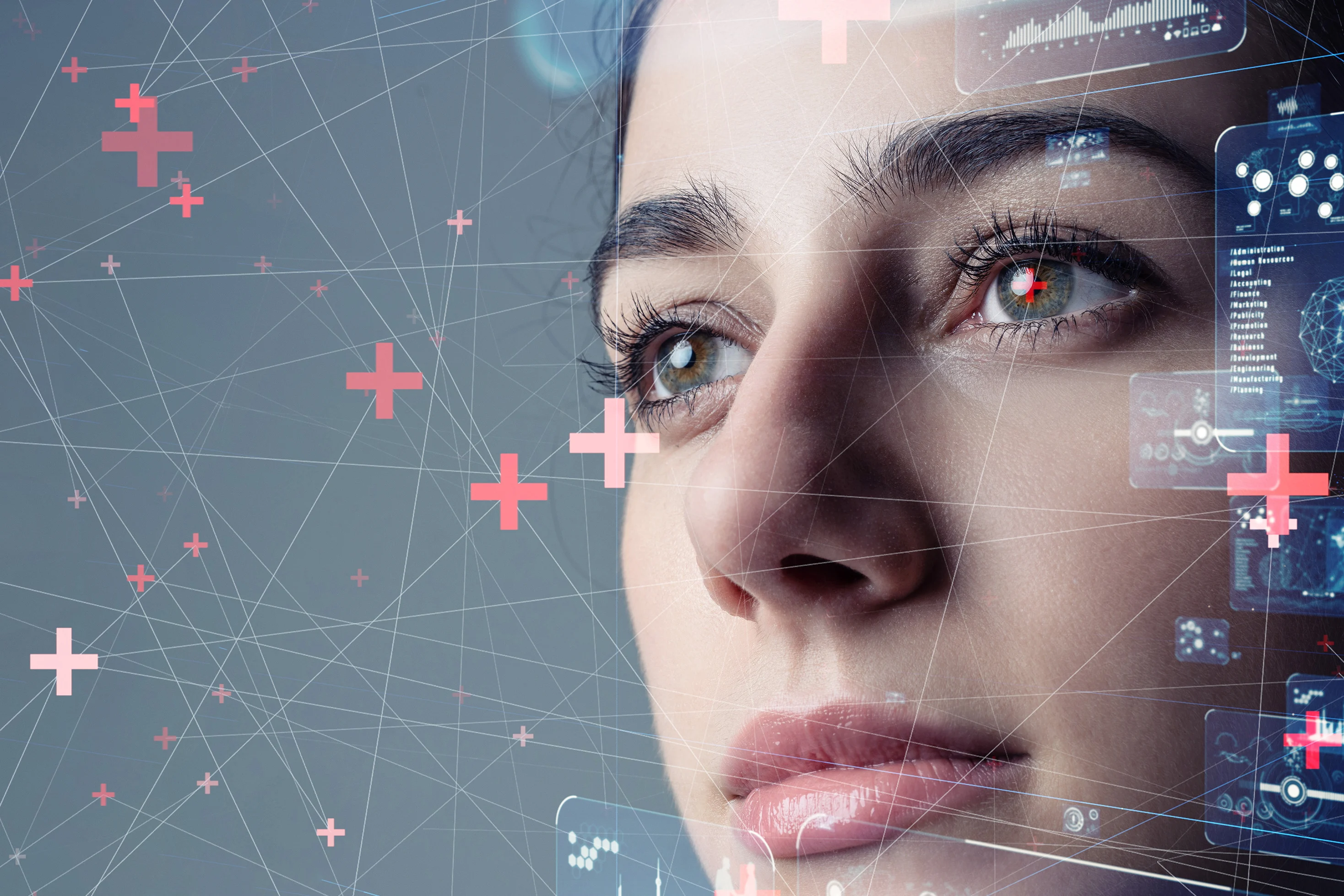 a close up of a woman with a tech feel