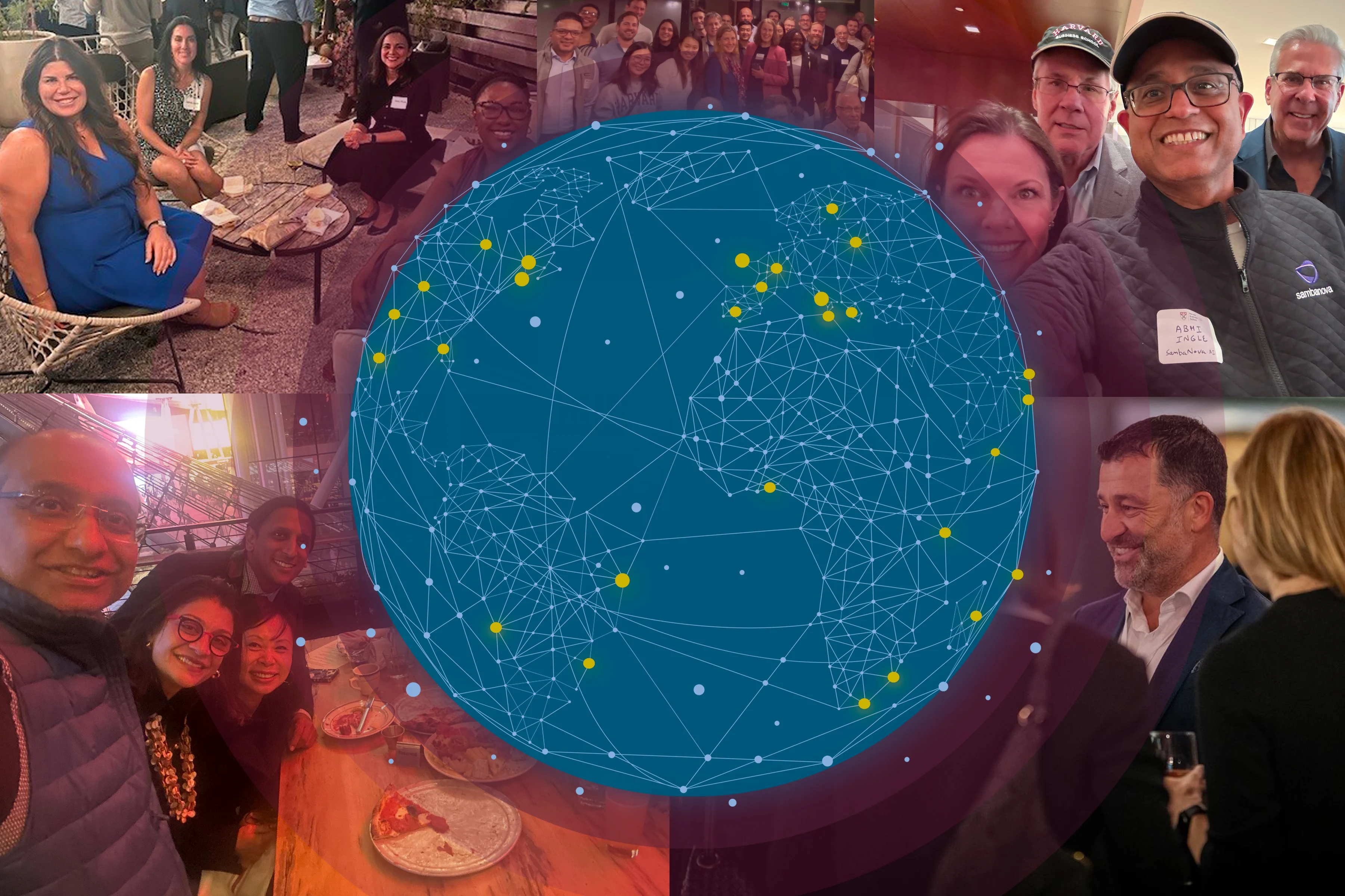Collage of Global Networking Night events overlaid with a globe graphic.