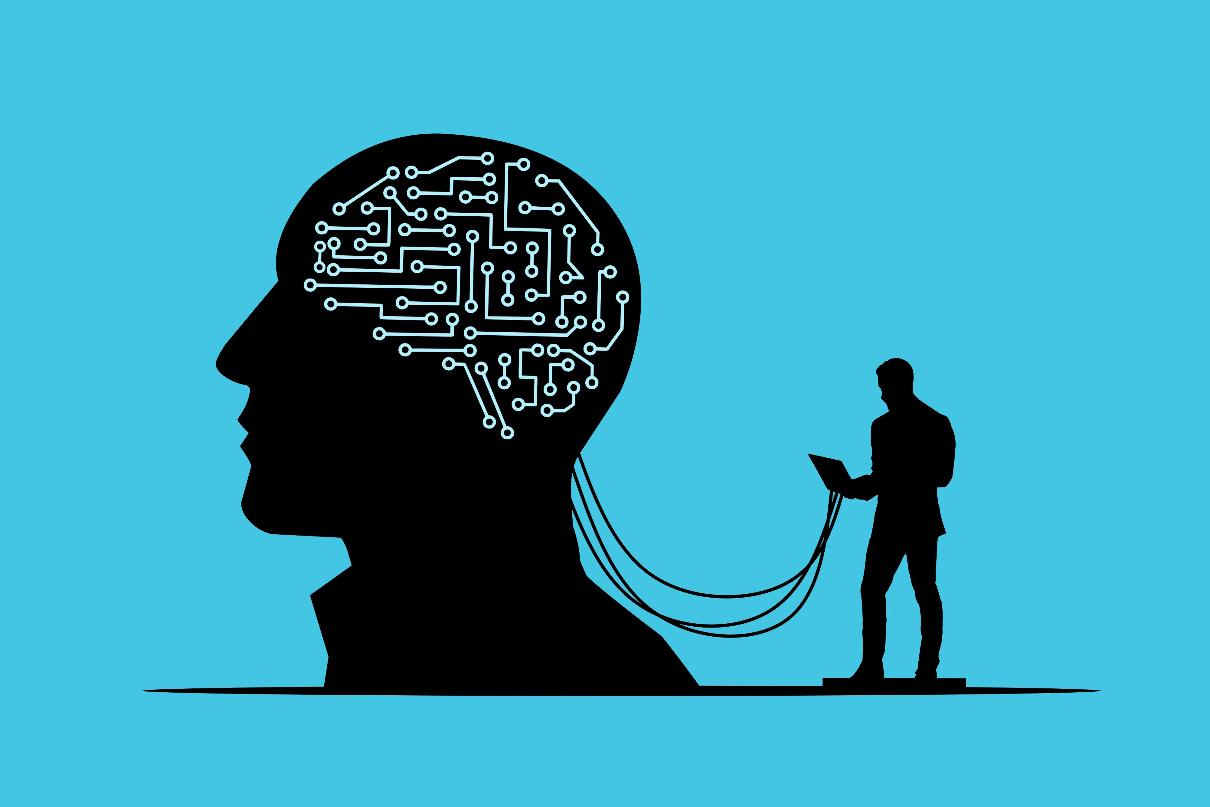 Data brain helping human make decisions at work
