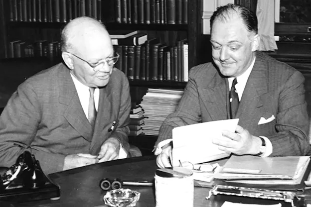 Wallace Brett Donham and Donald K. David reviewing a document, Harvard Business School, 1925.