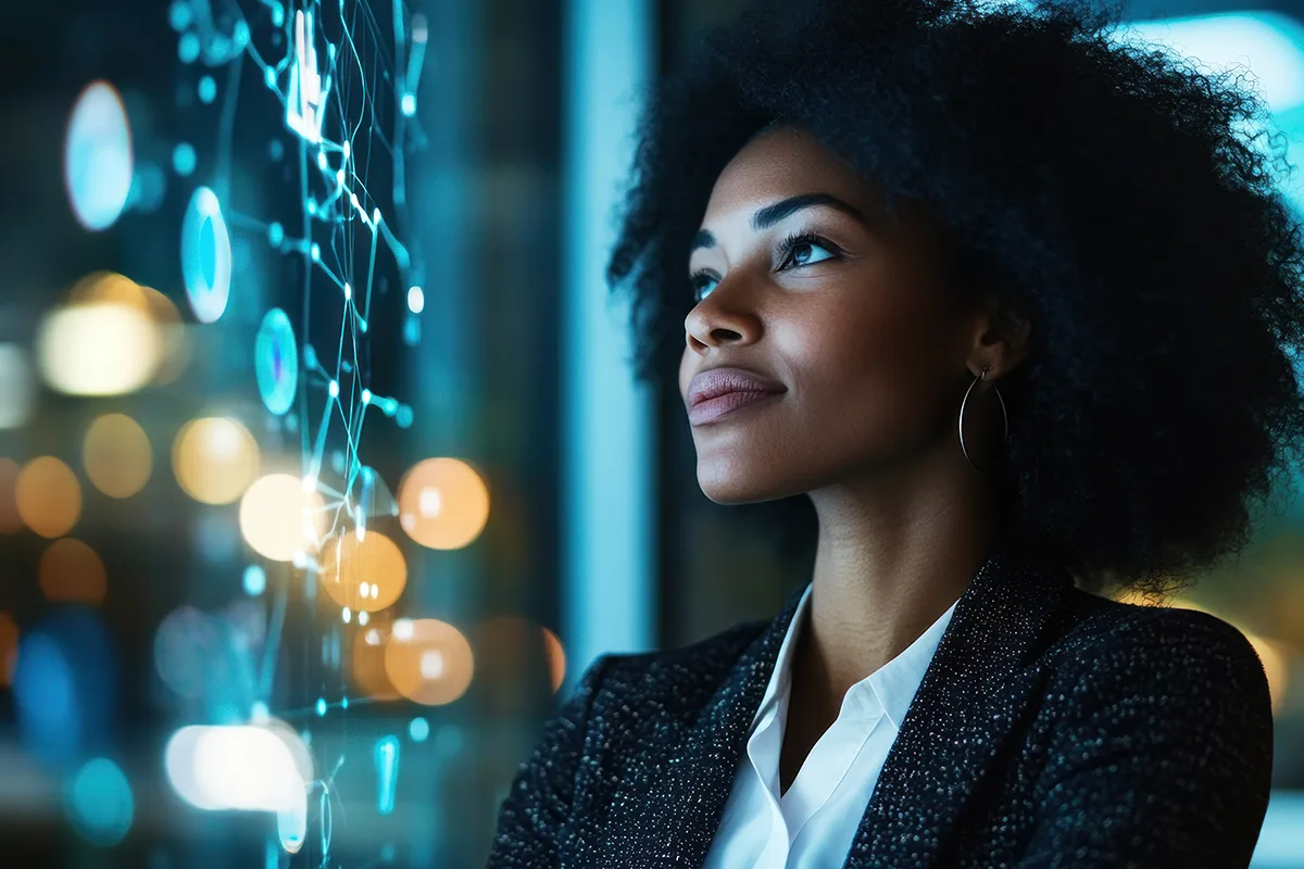 Person looks at a digital interface with glowing network nodes.