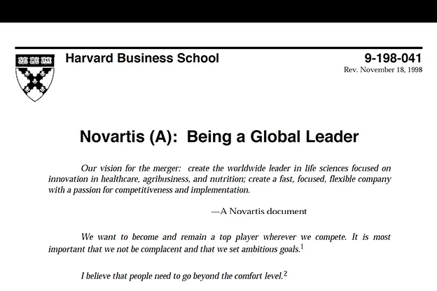 Portion of the front page of Harvard Business School case Novartis: Being a Global Leader, 1998.