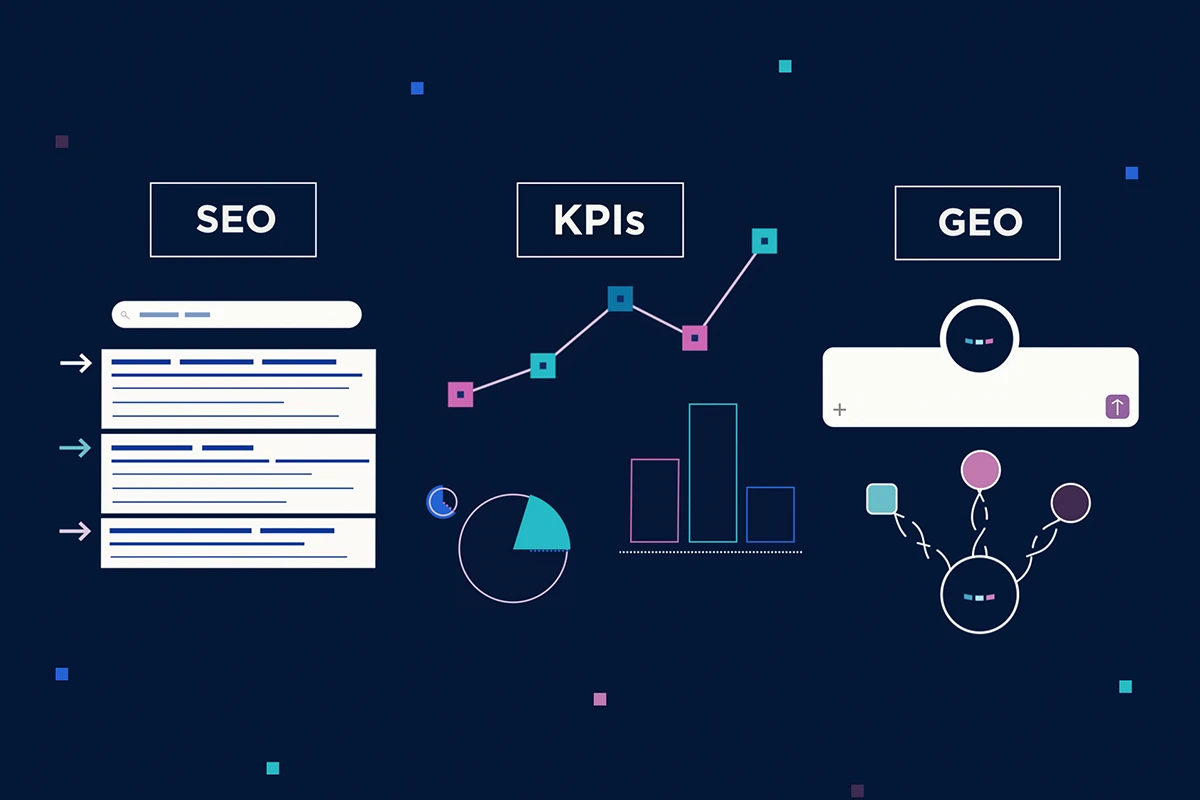Animated graphic showing SEO, KPI, and GEO concepts with search results, analytics charts, and AI-driven search visuals.