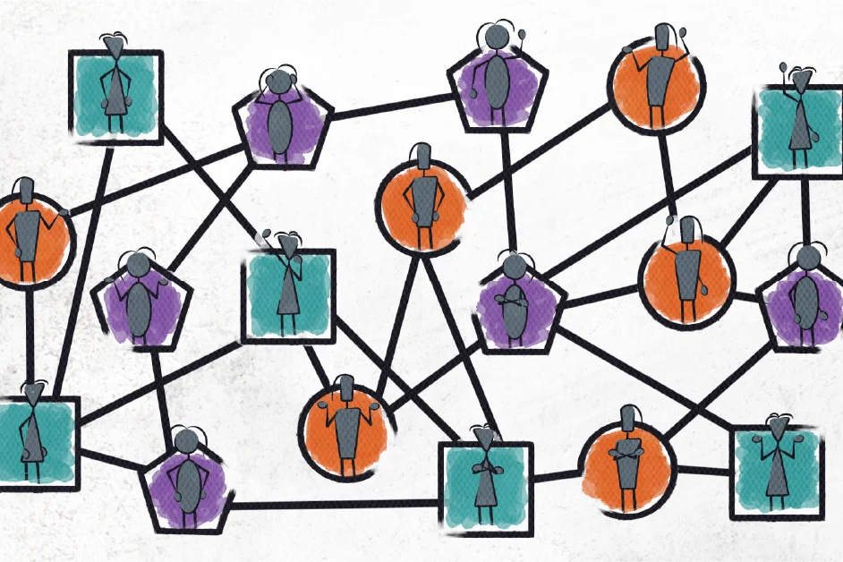 Illustration of interconnected people in a network, each in colored shapes representing different roles or groups.