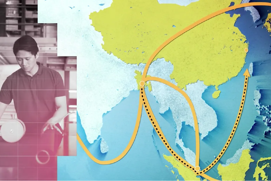 Split graphics of a person working in a warehouse and a map of Asia with arrows showing global trade routes.