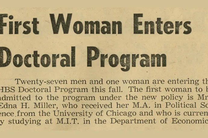Newspaper clipping showing that women were first admitted to the Harvard Business School Doctoral Program in 1959.