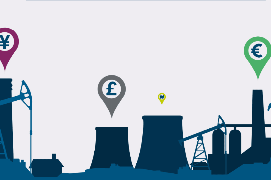 Illustration of oil rigs and power plants with currency symbols ($, ¥, £, €, ₩) in map pins above them.