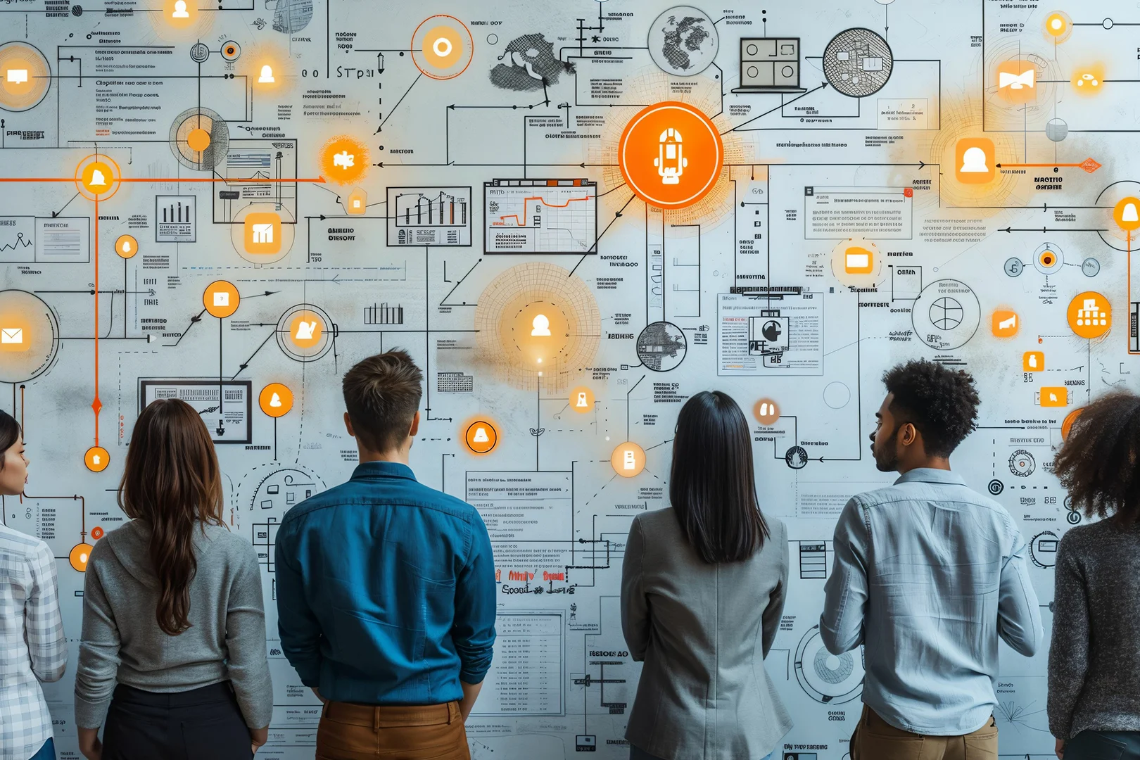 Group of people facing a wall filled with charts, diagrams, and glowing orange tech and data icons.