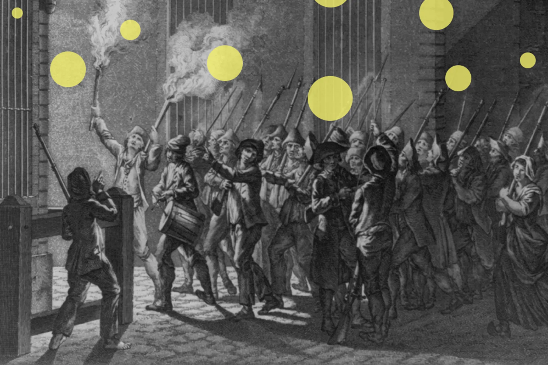 Black and white 18th century etching of people carrying weapons on a cobblestone street, with overlay yellow dots in various sizes.