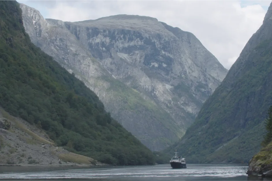Boats travel through a narrow fjord surrounded by steep, forested and rocky mountain cliffs.