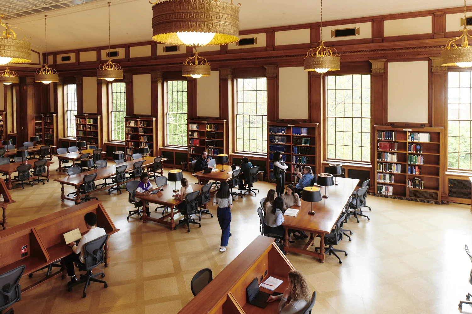 Aerial shot of the Stamps Reading Room with students at tables