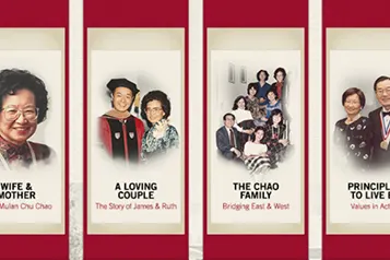 Four banners with image and title for the Chao Family History & Archive on crimson background: Wife & Mother: Ruth Mulan Chu Chao; A Loving Couple: The Story of James & Ruth; The Chao Family: Bridging East & West; Principles to Live By: Values in Action